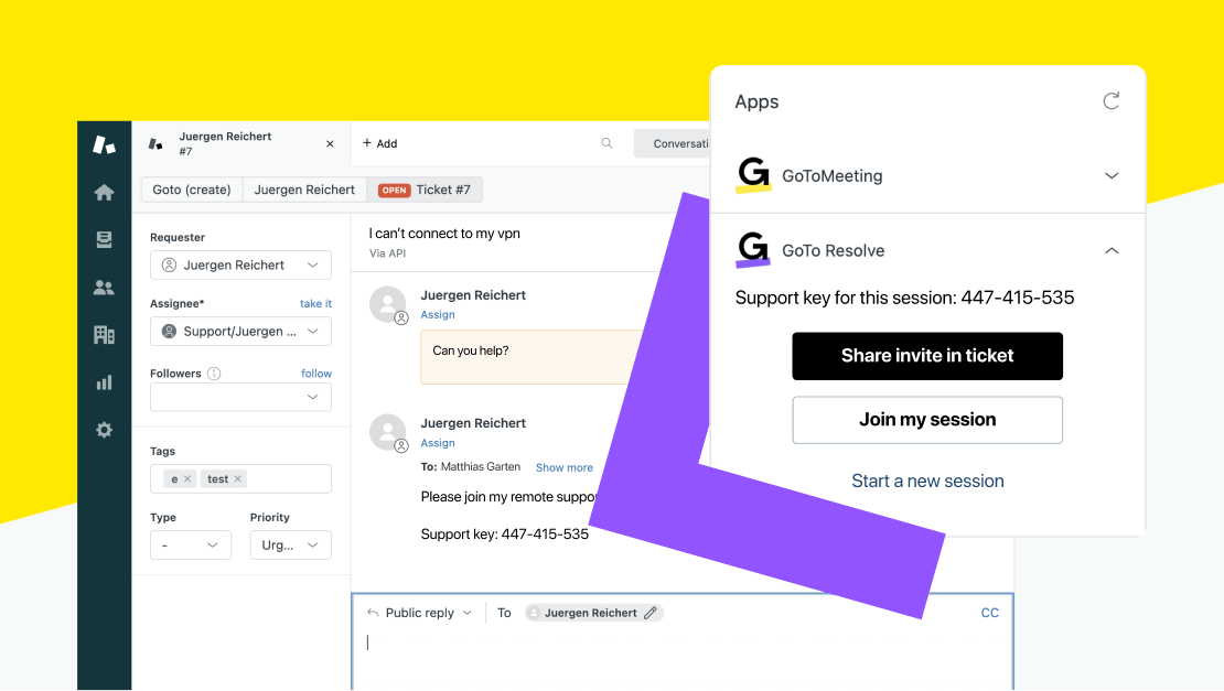 Schermen met een Zendesk-ticket en de optie om een GoTo Resolve-sessie te openen voor het ticket.