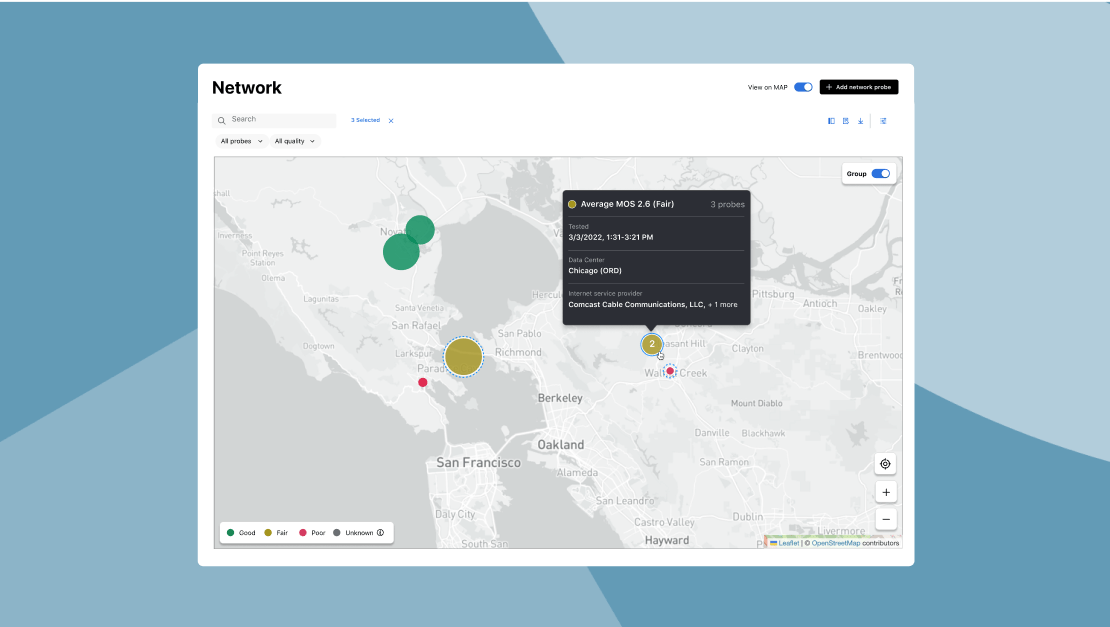 Kaart met netwerktests en huidige verbindingssterkte.