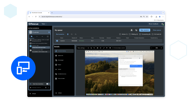 Painel de operações de suporte do Rescue demonstrando o funcionamento do controle remoto do operador na área de trabalho de um cliente.