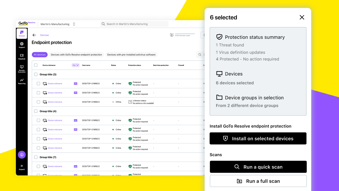 Weergave van de eindpuntbeveiliging en samenvatting van de beveiligingsstatus in GoTo Resolve, met opties voor een snelle of volledige scan.