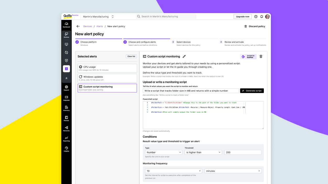 Tela mostrando a criação de um script de monitoramento personalizado usando o guia de IA no GoTo Resolve.