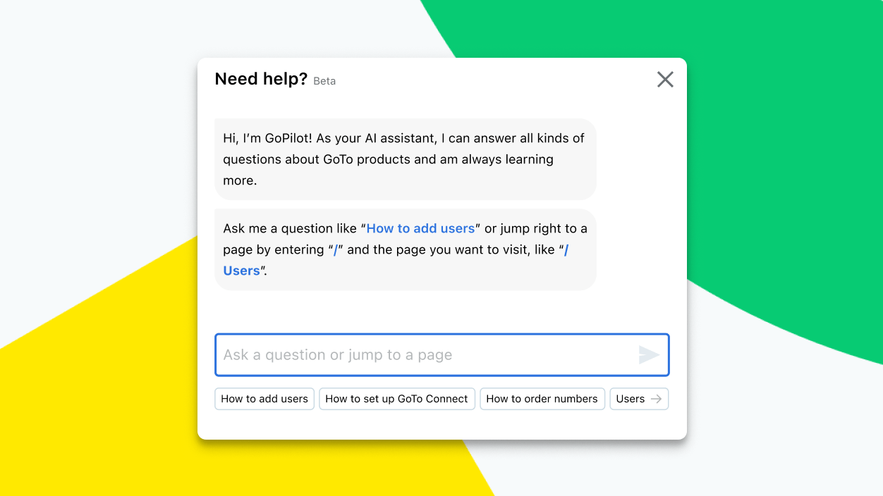 Tela mostrando uma conversa de bate-papo com o assistente de IA integrado do GoTo Connect, o Admin GoPilot.