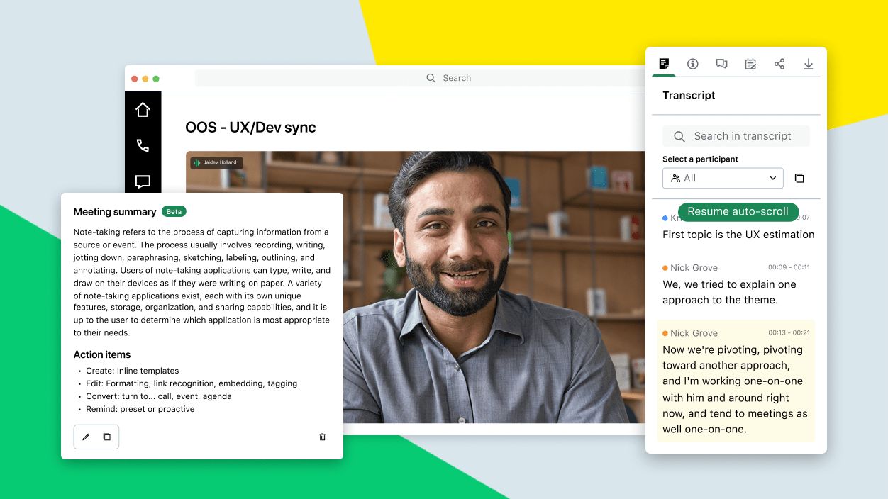 Capturas de tela exibindo uma videoconferência do GoTo Meeting com uma transcrição e um resumo gerados por IA.