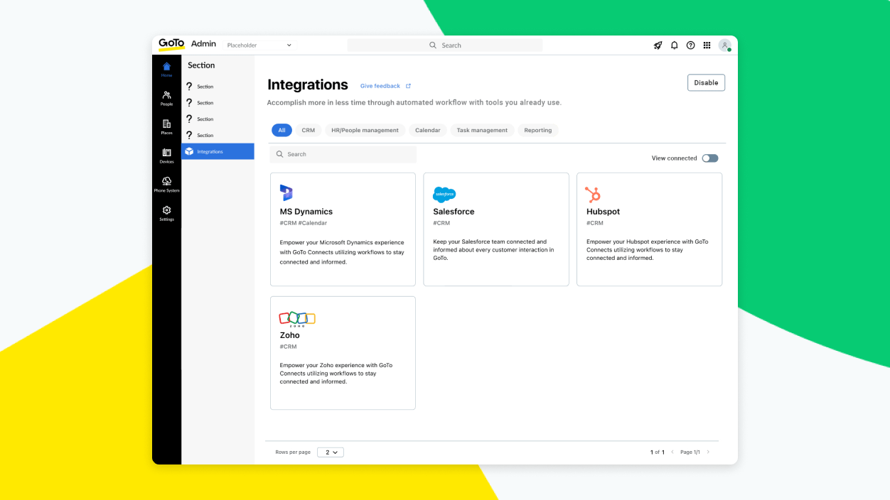Tela exibindo a aba Integrações no GoTo Admin com a opção de conexão a diversas ferramentas de CRM.