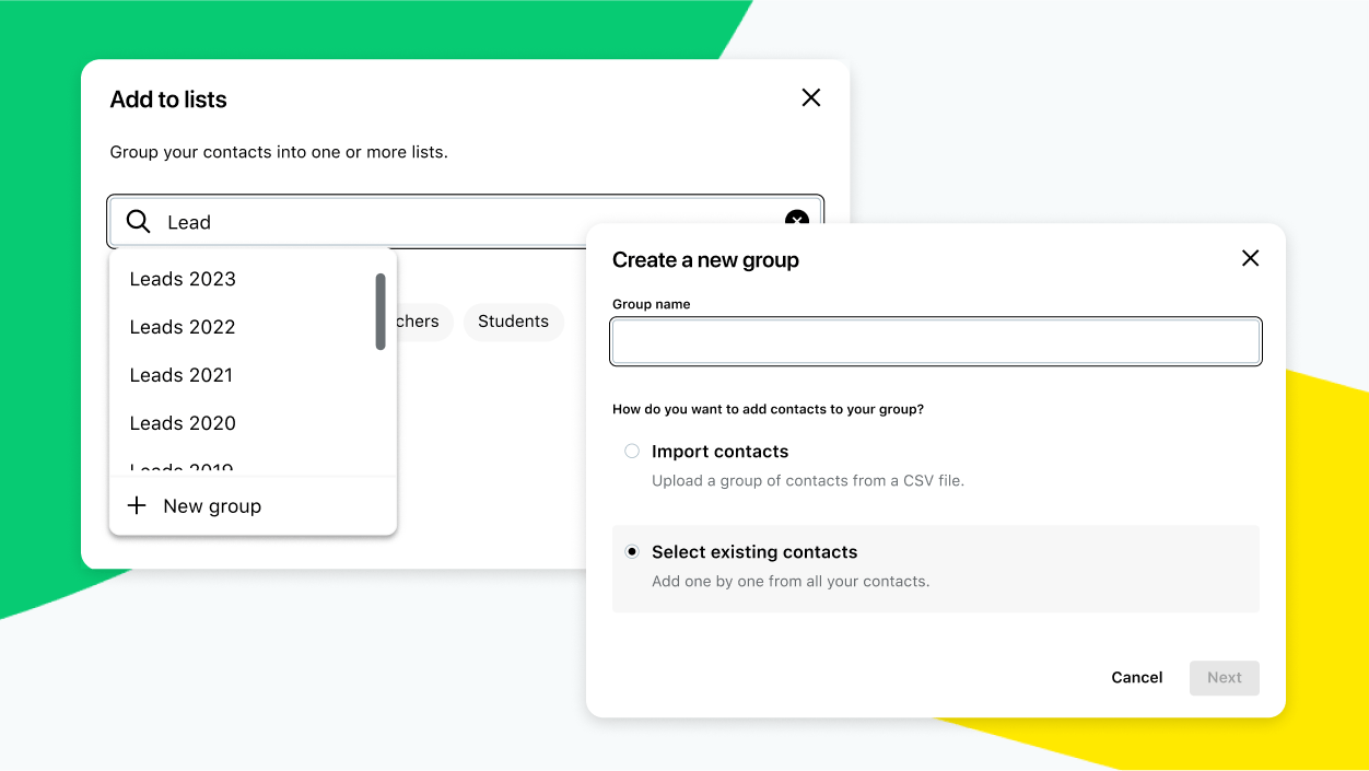 Weergave van het selecteren of importeren van contactpersonen in nieuwe groepen.