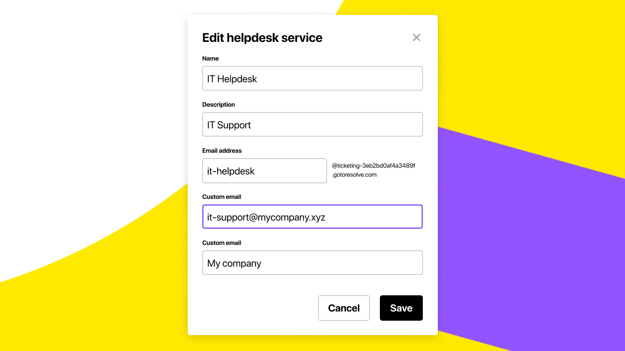 Weergave van het invoeren van een aangepast e-mailadres voor de helpdesk.