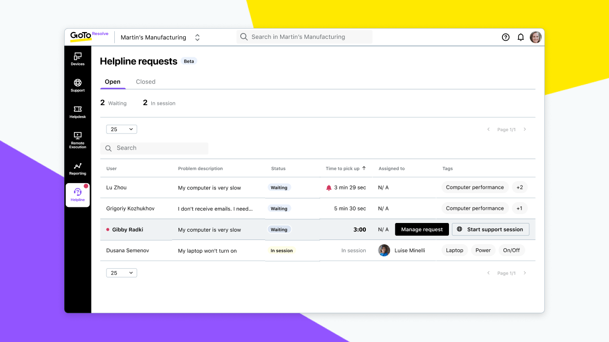 Weergave van de verzoekpagina van de hulplijn met beschrijvingen en statussen van problemen.