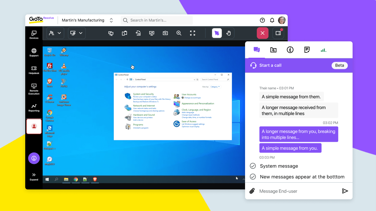 Weergave van het starten van een audiogesprek tijdens een ondersteuningssessie.