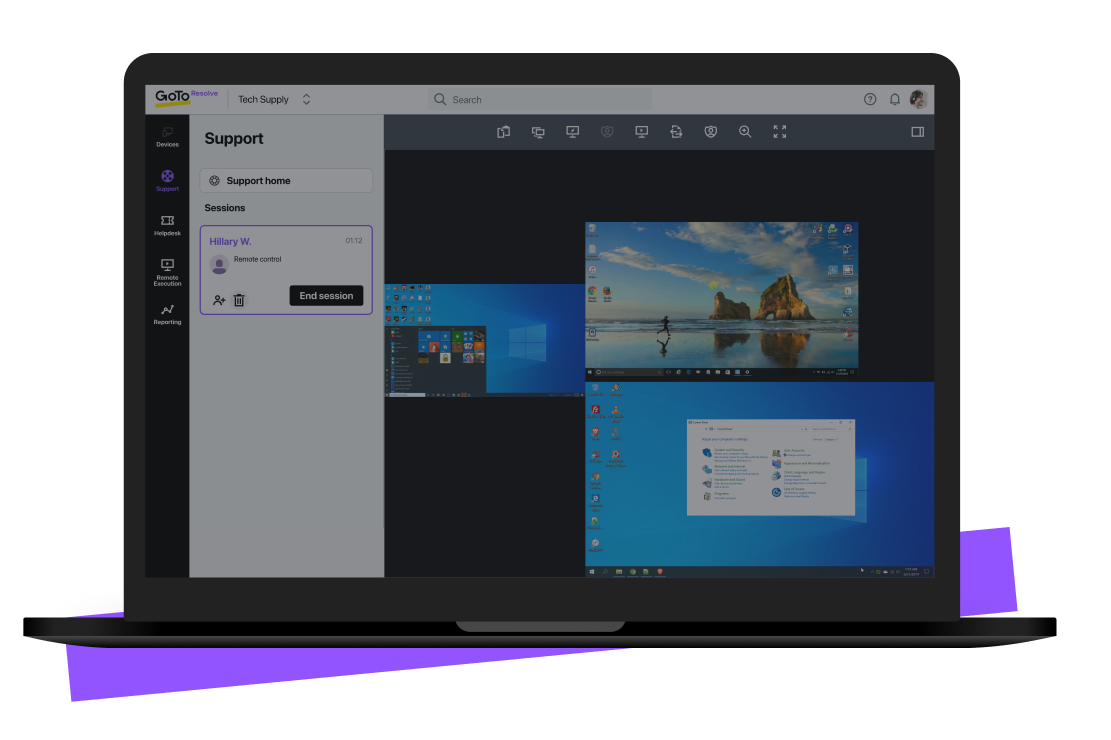 Vista de la consola de acceso remoto de GoTo Resolve durante una sesión activa.
