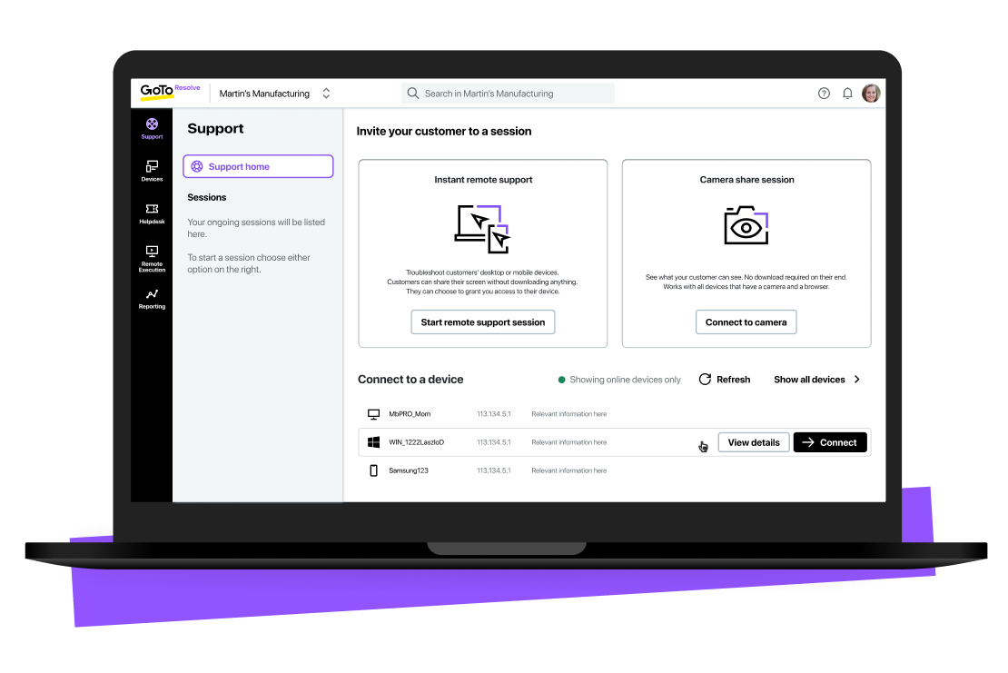  Vista del panel de acceso remoto de GoTo Resolve.