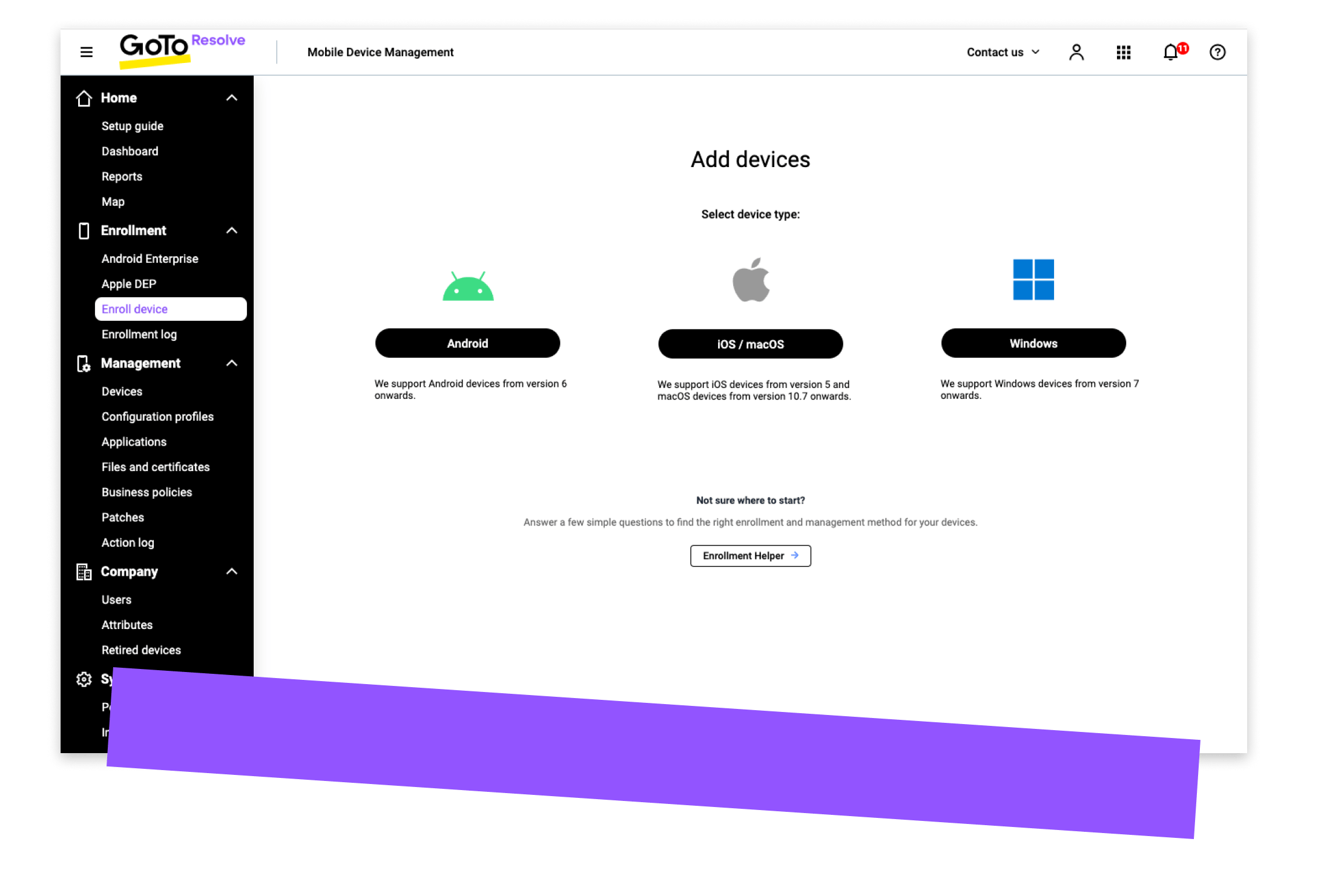 GoTo Resolve's mobile device management user interface for enrolling new Apple, Android, or Windows-based devices to an account.
