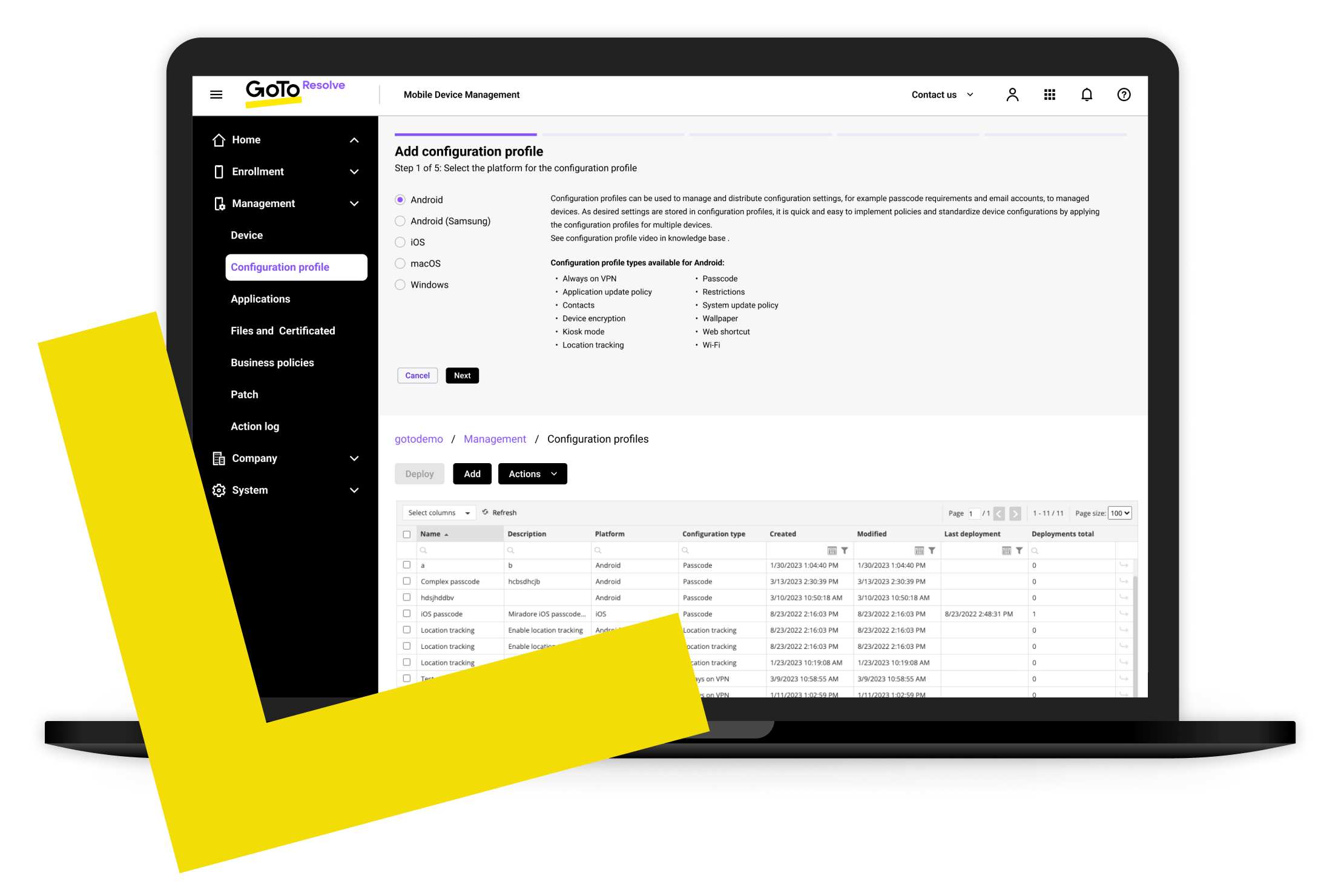 User interface for GoTo Resolve's MDM software with configuration profile settings like device inventory, restrictions and configurations, applications and content management.
